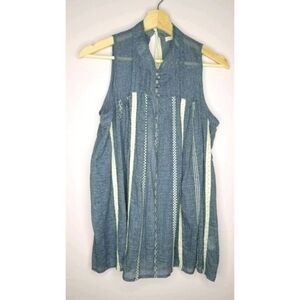 Ryu 100% Cotton Blue Semi Transparent Lace Accent Open Lower Back Blouse Size S